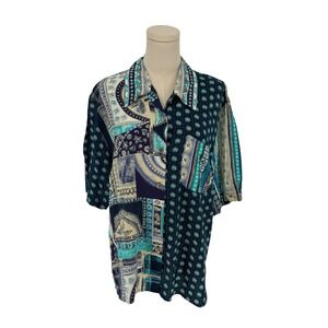 SK & Company Button Up Shirt Navy Teal 100% Rayon Patchwork Print Size 12